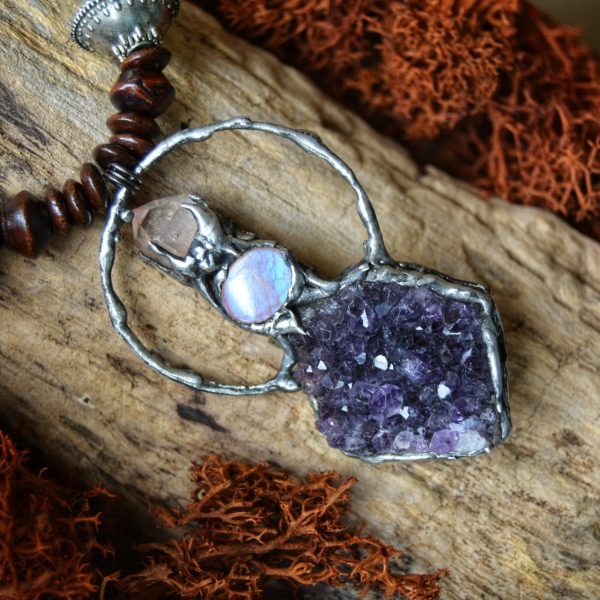 Amethyst, Quartz and Moonstone Silver Metal Necklace