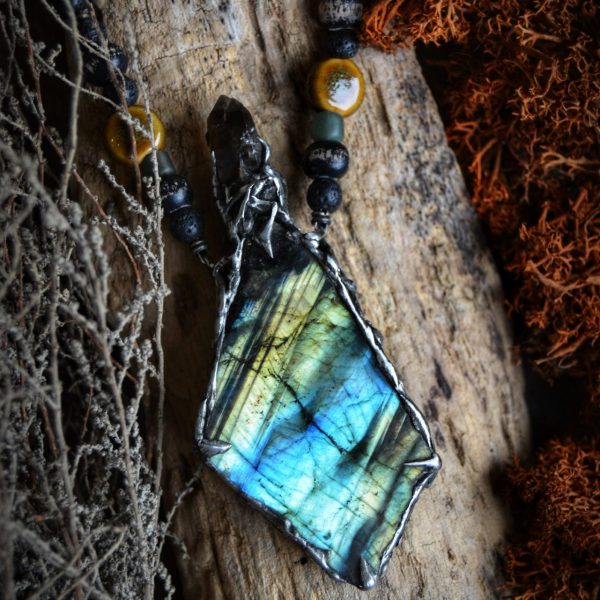 Raw Labradorite & Smoky Quartz Silver Metal Necklace