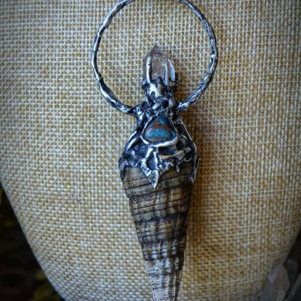 Shell, Quartz & Chrysocolla Silver Metal Necklace