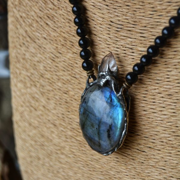 Labradorite & Quartz Silver Metal Necklace