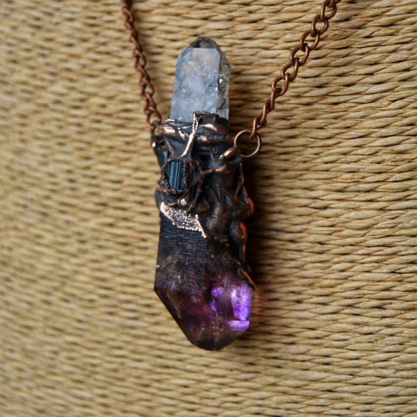 Amethyst, Quartz and Blue Tourmaline Silver Metal Necklace