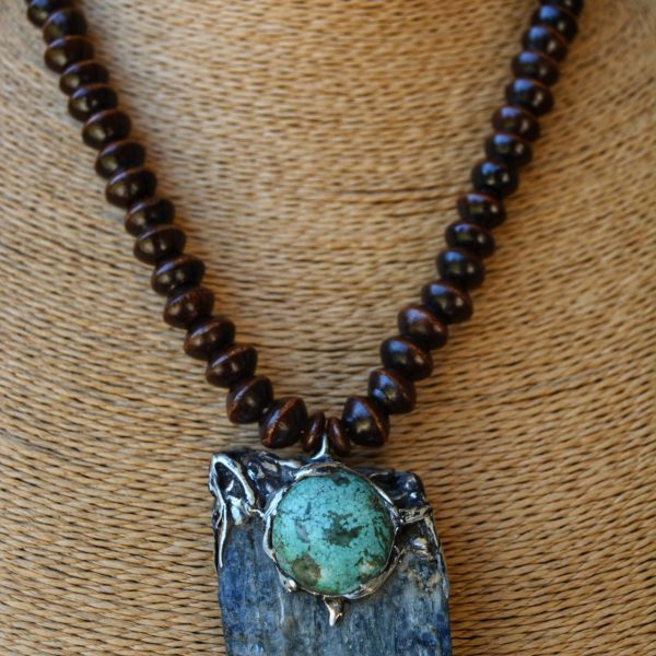 Kyanite and African Turquoise Silver Metal Necklace