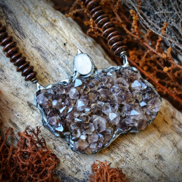 Amethyst Cluster with Moonstone Silver Metal Necklace