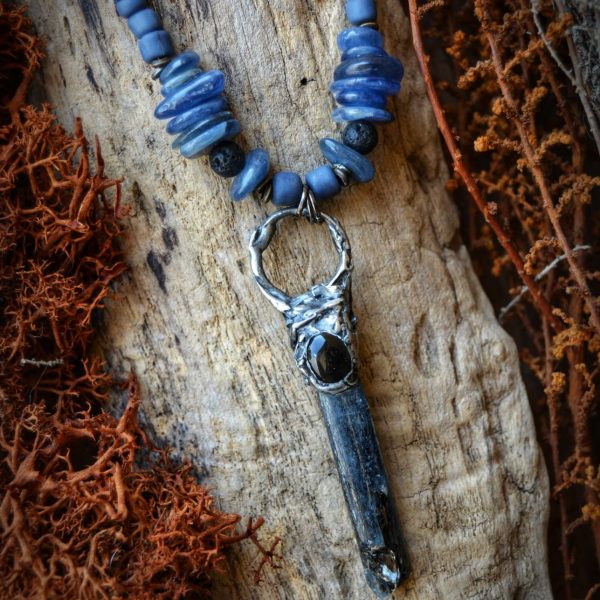 Kyanite and Onyx Silver Metal Necklace